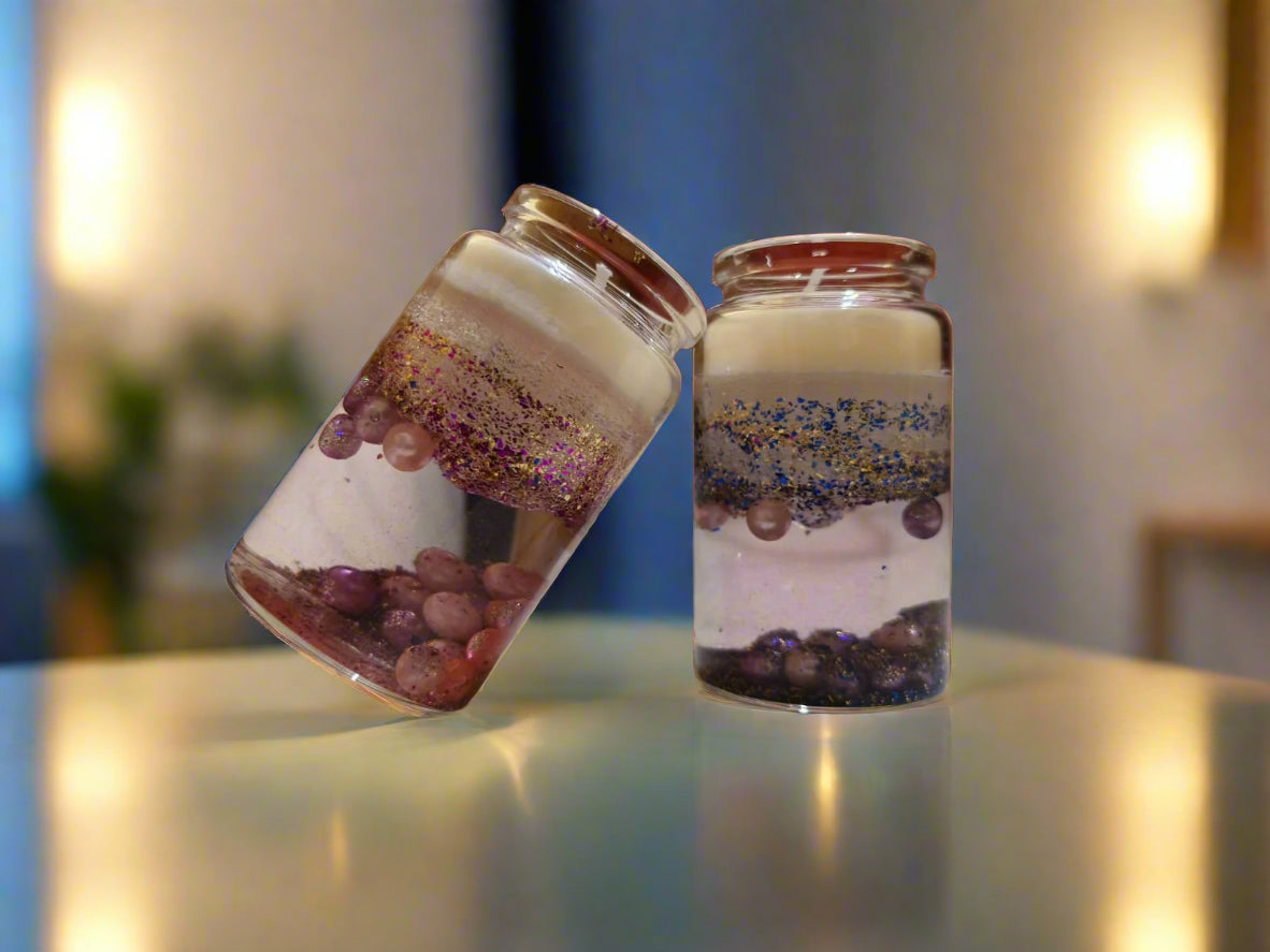 Handmade decorative water candle with gel wax and soy wax beading design.