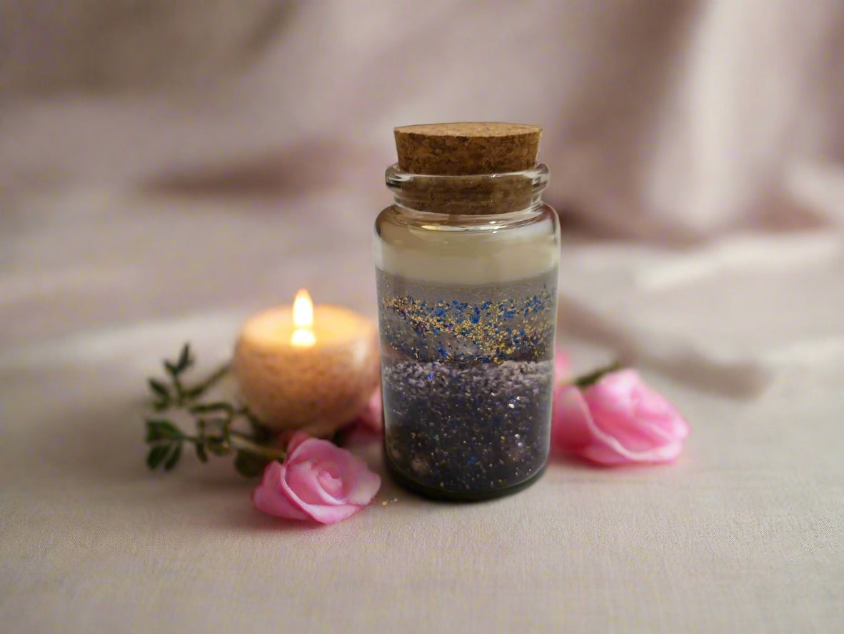 Handmade decorative water candle with gel wax and soy wax beading design.