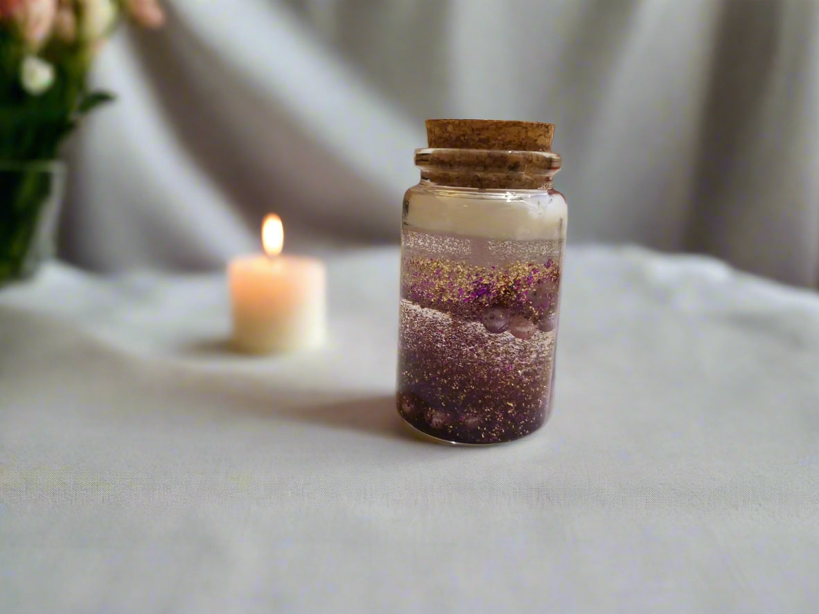 Handmade decorative water candle with gel wax and soy wax beading design.