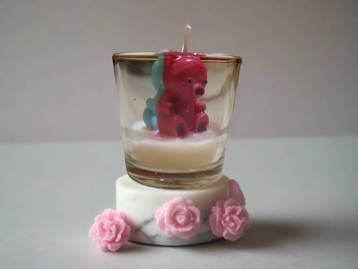 Handmade teddy bear candle in glass – eco-friendly soy wax decorative gift for home décor and special occasions