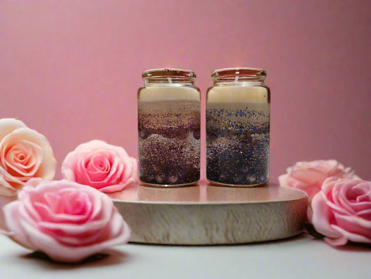 Handmade decorative water candle with gel wax and soy wax beading design.