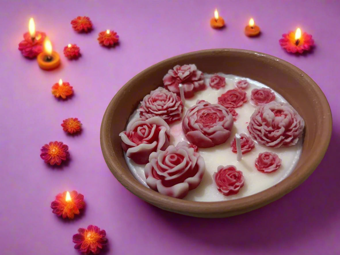 Lavender soy wax terracotta candle with handcrafted floral design, eco-friendly luxury home décor