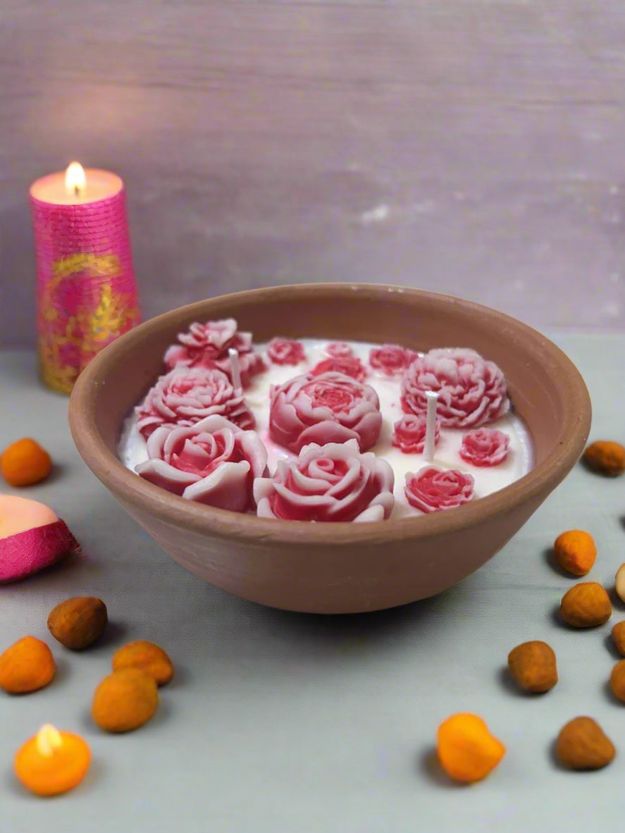 Lavender soy wax terracotta candle with handcrafted floral design, eco-friendly luxury home décor