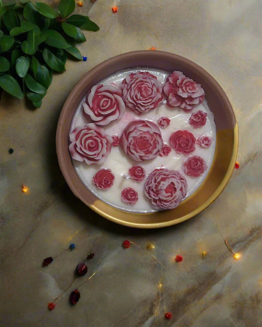 Lavender soy wax terracotta candle with handcrafted floral design, eco-friendly luxury home décor.