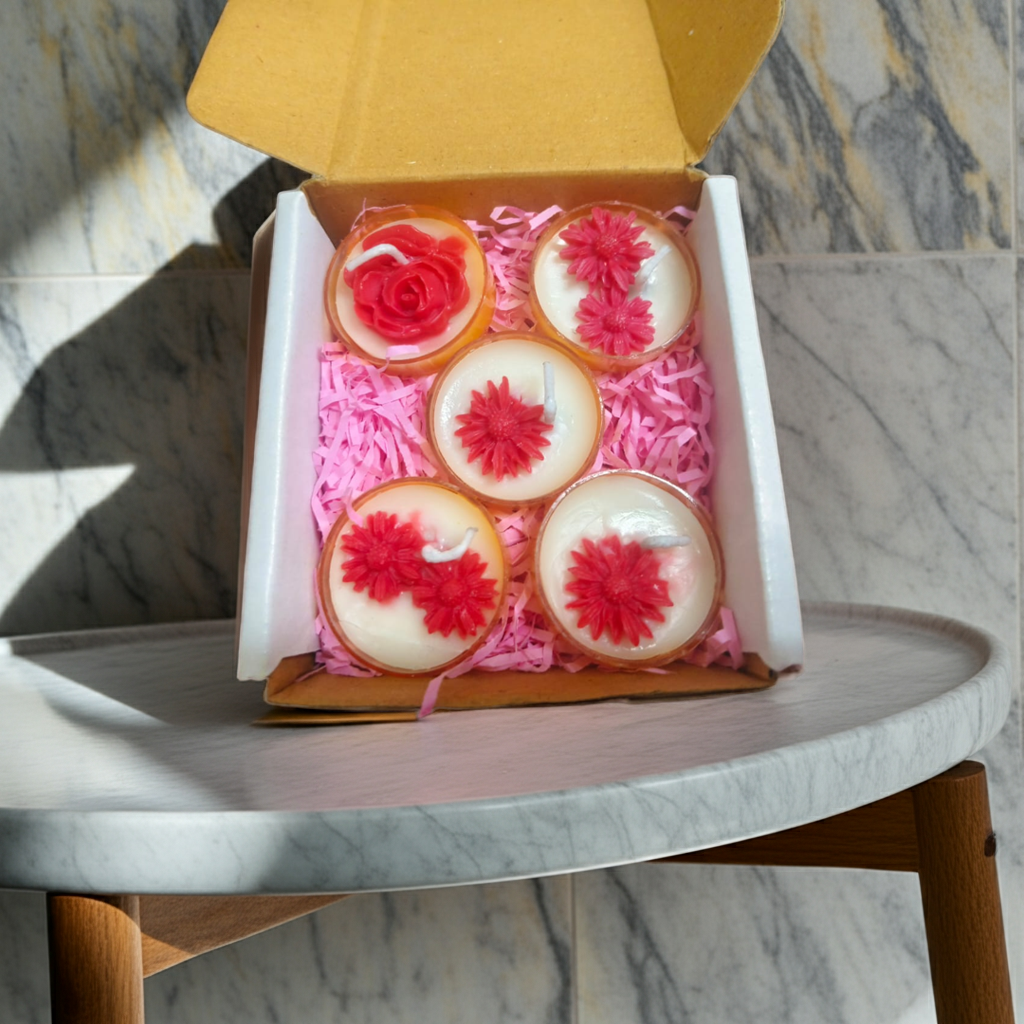 Flower Design Tealight Candles – Festive Gift Combo Online featuring 5 handcrafted soy wax candles with red floral motifs in a gift box.