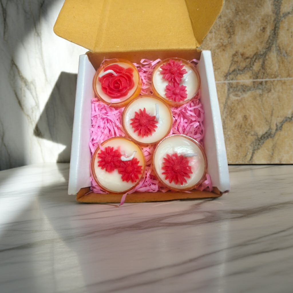 Flower Design Tealight Candles – Festive Gift Combo Online featuring 5 handcrafted soy wax candles with red floral motifs in a gift box.