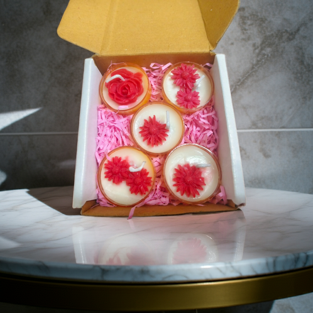 Flower Design Tealight Candles – Festive Gift Combo Online featuring 5 handcrafted soy wax candles with red floral motifs in a gift box.