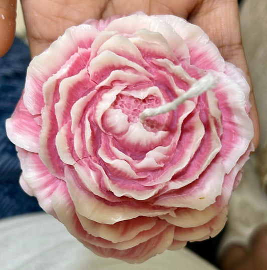 Luxury handmade pink peony soy wax candle with floral design, infused with citronella and eucalyptus oils, eco-friendly and gift-ready.